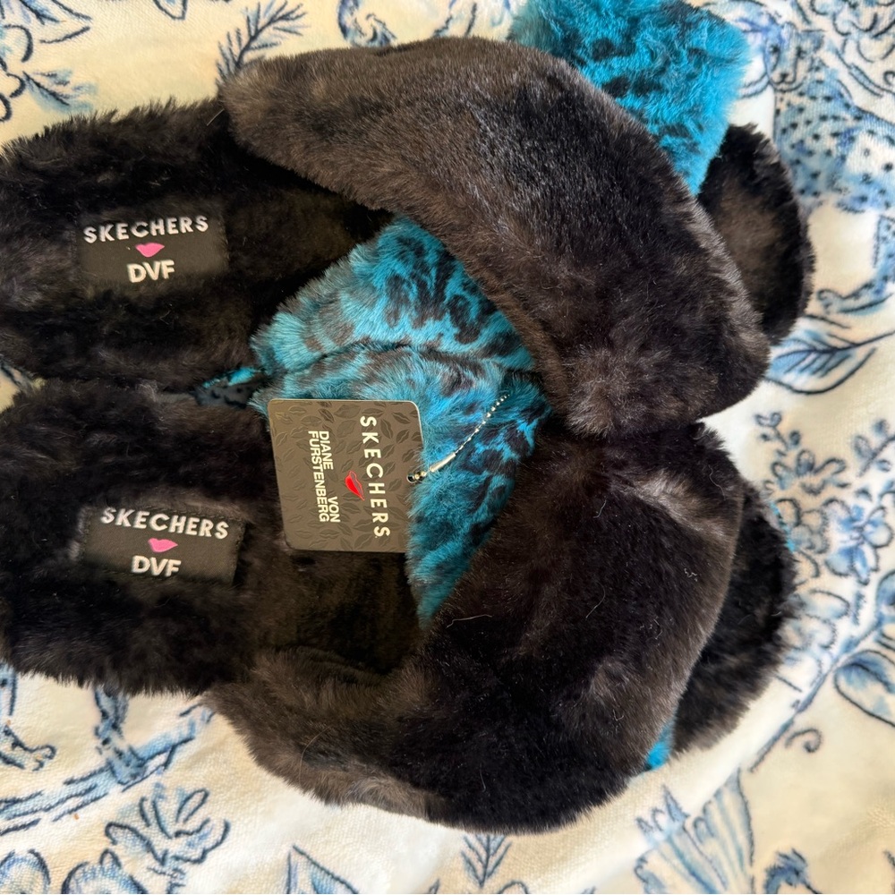 Skechers Black and Blue Fuzzy Slippers
